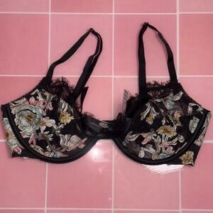 Victoria's Secret Floral Mesh Eyelash Lace Balconette Bra Black 32D NWT
